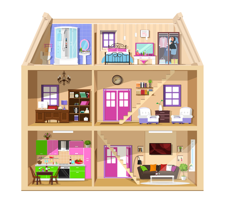 Modern graphic cute house in cut. Detailed colorful vector house interior. Stylish rooms with furniture. House inside isolated.のイラスト素材