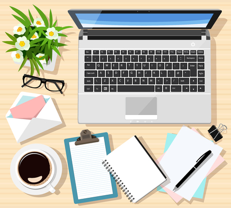 Modern graphic colorful workplace set: wood table, laptop, notes, coffee cup, tablet, eyeglasses, pen, envelope, flowers. Flat style vector illustration.のイラスト素材