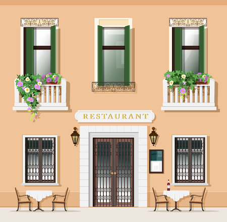 Vintage style restaurant facade. Old-fashioned cafe with tables and chairs. European street with restaurant exterior. Vector illustration.のイラスト素材