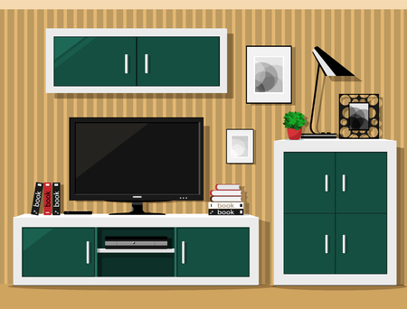 Stylish graphic living room interior design. Cool room set with modern furniture. Vector illustration.のイラスト素材