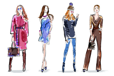 Sketch girls set. Stylish hand drawing women. Colorful female characters. Vector illustration.のイラスト素材