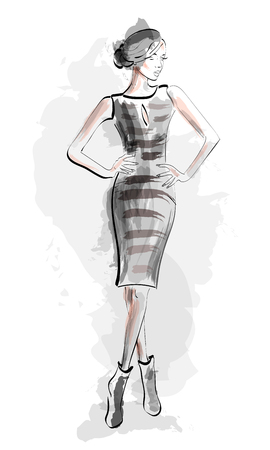 Sketch girl in fashion dress. Vector illustration.のイラスト素材