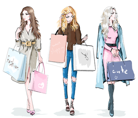 Set of beautiful young girls with shopping bags. Fashion women. Shopping day concept. Stylish sketch. Vector illustration.のイラスト素材
