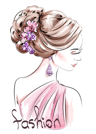 Beautiful hand drawn woman with cute hairstyle. Sketch. Fashion illustration.のイラスト素材