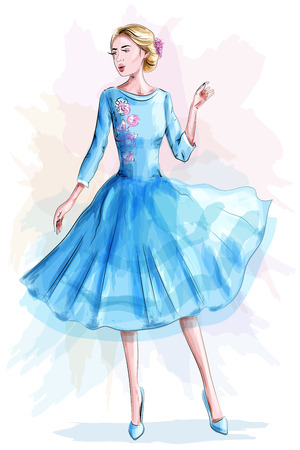Stylish beautiful girl in blue dress. Fashion woman. Sketch. Vector illustration.のイラスト素材