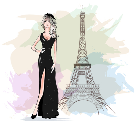 Beautiful fashion woman with Eiffel Tower on background. Sketch. Vector illustration.のイラスト素材