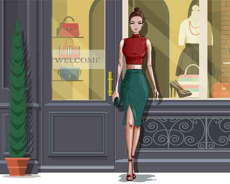Beautiful stylish woman with boutique facade background. Vector illustration.のイラスト素材