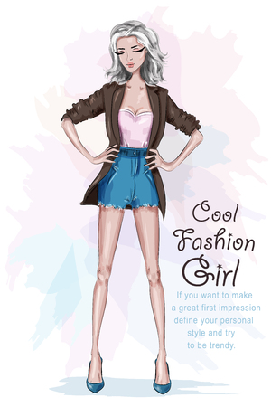 Beautiful fashion girl with long legs. Stylish woman in fashion clothes with arms akimbo. Sketch. Hand drawn cool girl. Vector illustration.のイラスト素材