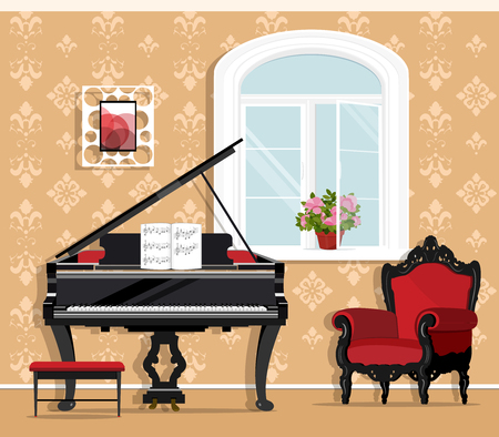 Cute fashionable living room with piano, armchair, window, flowerpot, little chair. Stylish graphic room set. Flat style room interior. Vector illustration.のイラスト素材