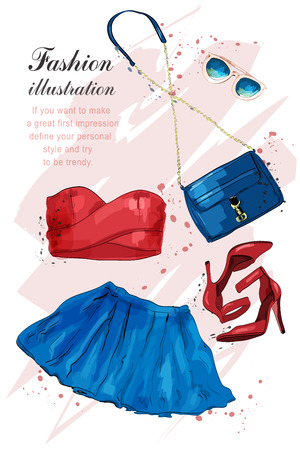 Fashion outfit. Stylish trendy clothing: dress, crop top, sunglasses, bag. Fashion summer girl clothes set, accessories. Woman's fashion look. Sketch. Vector illustration.のイラスト素材