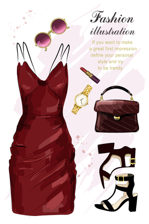 Romantic evening clothing set. Fashion clothes set with dress, shoes, hand bag, lipstick, sunglasses, watch. Sketch. Vector illustration.のイラスト素材