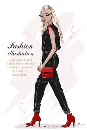 Beautiful fashion girl hand drawn with black and red colors. Stylish woman in fashion clothes. Sketch. Full body woman portrait. Vector illustration.のイラスト素材