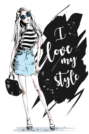 Fashion woman with slogan on background. Stylish beautiful girl in fashion clothes. Sketch. Vector illustration.のイラスト素材