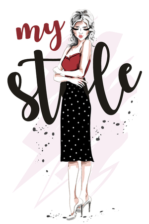 Beautiful young woman in fashion clothes. Hand drawn blonde hair fashion woman. Sketch. Vector illustration.のイラスト素材