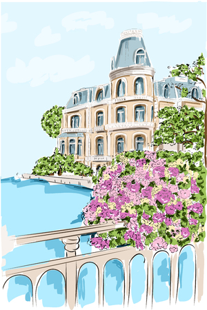 Beautiful hand drawn landscape with castle, park and river. Sketch. Architectural background. Vector illustration.のイラスト素材