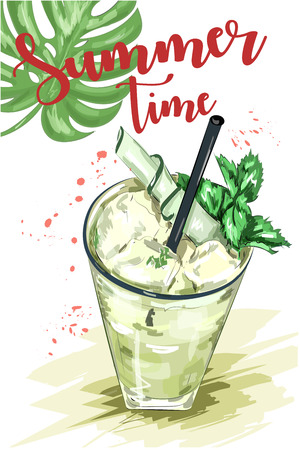 Cute hand drawn set with glass of mojito cocktail and green leaf. Summer time. Sketch. Vector illustration.のイラスト素材