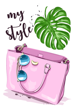 Cute graphic set with stylish accessories: sunglasses and pink bag. Sketch. Vector illustration.のイラスト素材