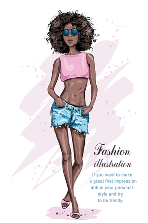 Beautiful young African American woman with an afro hairstyle. Fashion woman. Hand drawn black skin girl. Sketch. Vector illustration.のイラスト素材
