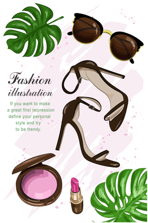 Hand drawn stylish set with sunglasses, shoes and cosmetics. Sketch. Vector illustration.のイラスト素材