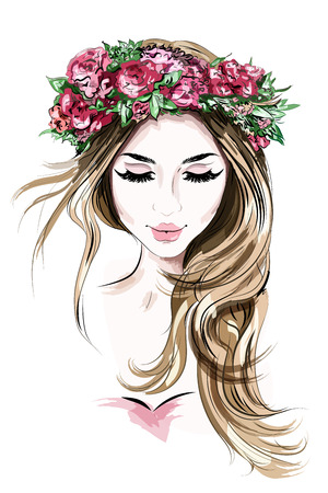 Hand drawn beautiful young woman in flower wreath. Cute girl with long hair. Sketch. Vector illustration.のイラスト素材