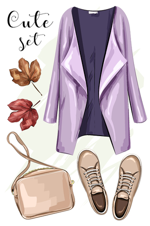 Hand drawn fashion clothes set: coat, bag, shoes. Stylish clothing outfit. Sketch. Vector illustration.のイラスト素材