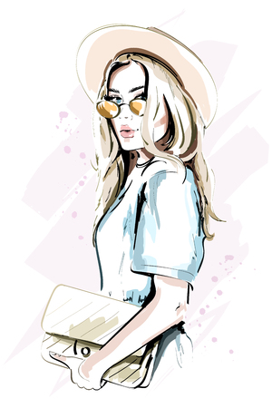 Beautiful young woman in hat. Fashion lady in sunglasses. Stylish woman portrait. Sketch. Vector illustration.のイラスト素材