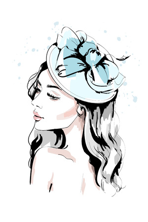 Beautiful young woman in hat. Hand drawn fashion woman portrait. Fashion model face. Sketch.のイラスト素材