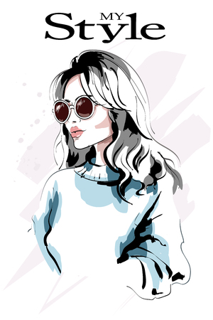 Beautiful young blond hair woman portrait. Fashion woman. Hand drawn fashion girl in sunglasses. Sketch.のイラスト素材