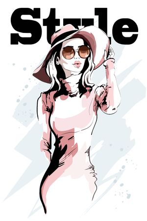 Beautiful young woman in hat. Hand drawn woman portrait. Sketch. Vector illustration.のイラスト素材