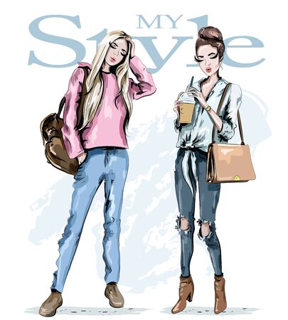 Two fashion girls. Hand drawn stylish beautiful women with bags. Cute set: beautiful young woman with coffee cup and blond hair woman with backpack. Sketch.のイラスト素材