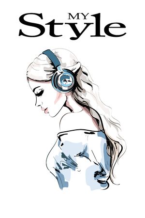 Beautiful young woman profile. Hand drawn woman portrait. Fashion girl in headphones. Sketch. Vector illustration.のイラスト素材