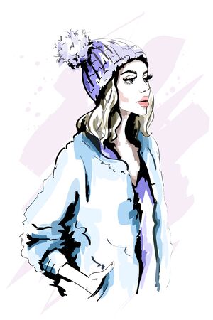Beautiful young woman in knitted Hat with Fur Pom-Pom. Hand drawn stylish woman portrait. Fashion lady. Winter outfit. Sketch.のイラスト素材