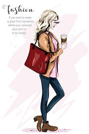 Beautiful young woman with Paper Coffee Cup Mockup. Hand drawn blond hair woman. Fashion model. Sketch. Vector illustration.のイラスト素材