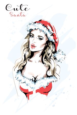 Hand drawn cute woman in santa red hat. Beautiful young woman portrait. Sketch. Vector illustration.のイラスト素材