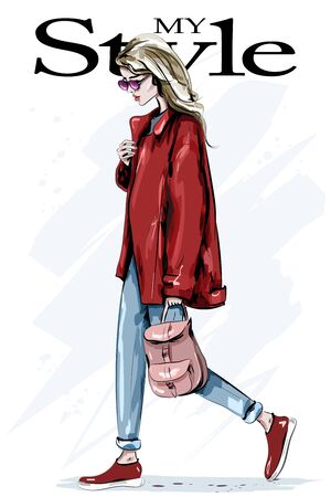 Stylish beautiful woman in red jacket. Hand drawn fashion woman with backpack. Fashion blond hair model in sunglasses. Sketch. Vector illustratioのイラスト素材