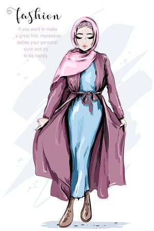 Beautiful Muslim Woman Wearing Hijab. Fashion arabian woman. Stylish lady. Sketch. Vector illustration.のイラスト素材