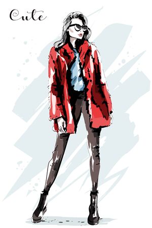 Hand drawn beautiful young woman in fur jacket. Fashion model posing. Cute girl in stylish clothes. Sketch.のイラスト素材