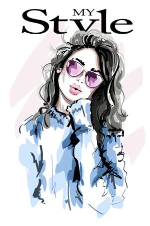 Hand drawn beautiful young woman in sunglasses. Fashion woman. Sketch. Vector illustration.のイラスト素材