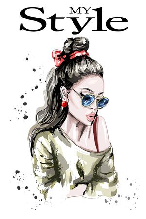 Hand drawn beautiful woman portrait. Fashion woman. Stylish lady with long hair. Cute girl in sunglasses with fashion hairstyle. Sketch.のイラスト素材