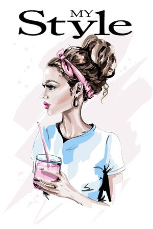 Fashion woman with glass of juice. Hand drawn beautiful woman portrait. Sketch.のイラスト素材