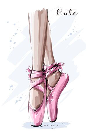 Hand drawn ballet dancer legs in points shoe. Sketch. Vector illustration.のイラスト素材