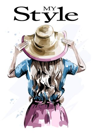 Hand drawn stylish woman in hat. Fashion woman back. Beautiful girl in summer clothes. Sketch.のイラスト素材