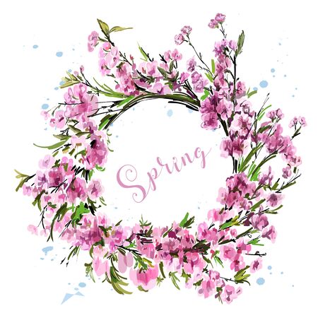 Hand drawn beautiful flower wreath. Cute spring cherry blossoms. Stylish sakura wreath. Sketch. Vector illustration.のイラスト素材