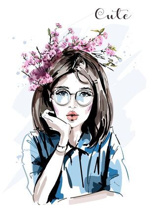 Hand drawn beautiful young woman with flower wreath. Cute girl. Sketch.のイラスト素材