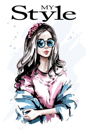 Beautiful young woman portrait. Fashion woman with flower wreath in hair. Cute girl. Sketch. Vector illustration.のイラスト素材
