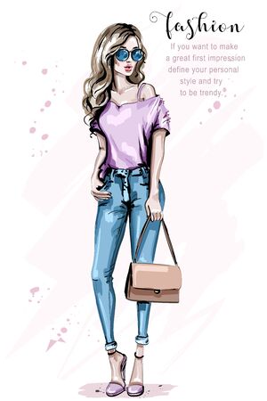 Hand drawn beautiful woman with bag. Fashion woman look. Stylish blond hair girl in sunglasses. Pretty lady. Sketch.のイラスト素材