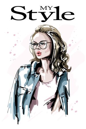 Hand drawn beautiful young woman in eyeglasses. Fashion blonde hair woman. Stylish girl. Sketch.のイラスト素材