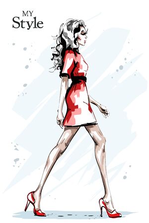 Hand drawn beautiful young woman with long hair. Stylish elegant girl in red dress. Fashion woman full body portrait. Sketch.のイラスト素材
