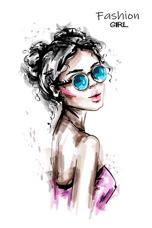 Hand drawn beautiful young woman in sunglasses. Stylish elegant girl with cute hairstyle. Fashion woman portrait. Sketch.のイラスト素材