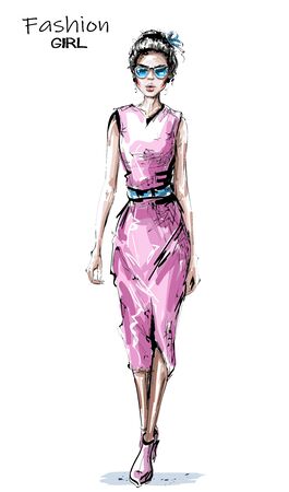 Hand drawn beautiful young woman in pink dress. Stylish elegant girl. Fashion woman look. Sketch.のイラスト素材